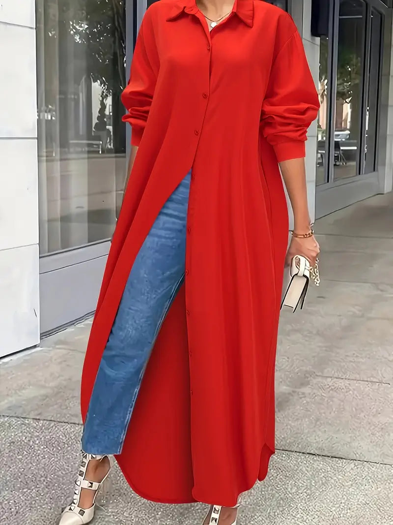 Plus Size Elegant Dress, Women's Plus Solid Button Up Long Sleeve Lapel Collar Shirt Dress