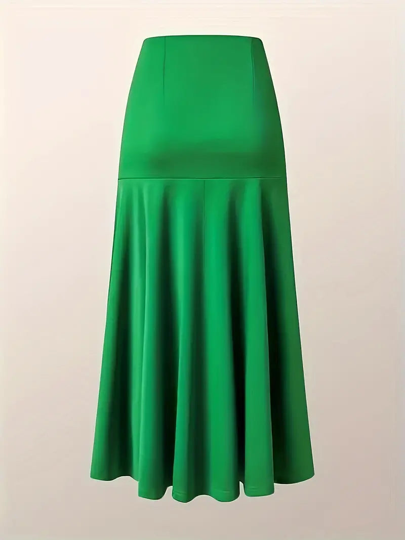 Plus Size Party Skirt, Women's Plus Solid High Rise Non-stretch Maxi Mermaid Skirt