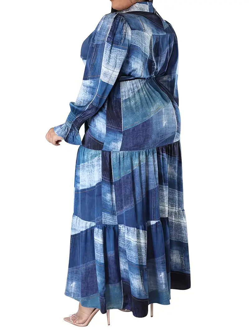 Plus Size Casual Dress, Women's Plus Patchwork Print Button Up Puff Sleeve Turn Down Collar Slight Stretch Maxi Smock Dress With Belt