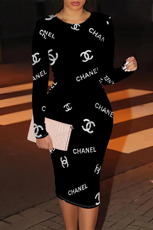 Black Casual Letter Flowers Print O Neck Long Sleeve Bodycon Midi Dresses