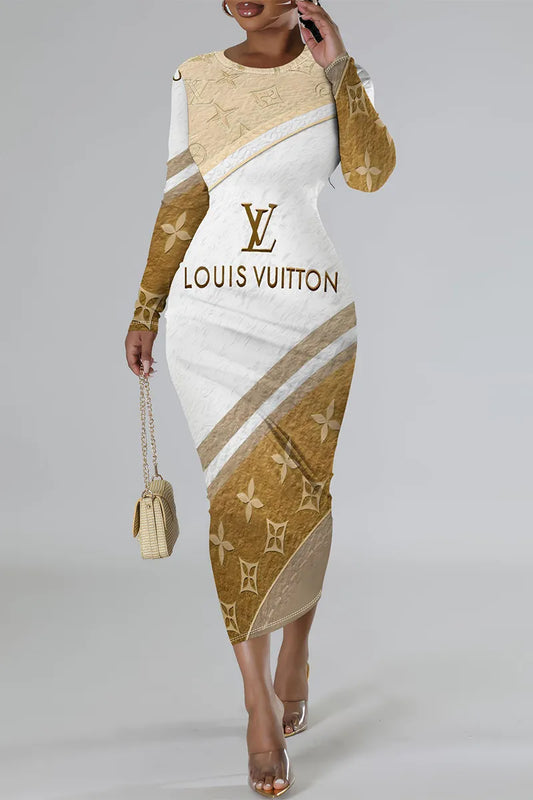 Gold White Casual Letter Print Stripe Contrast O Neck Printed Dresses