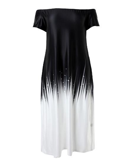Plus Size Abstract Print Colorblock Off Shoulder Maxi Dress