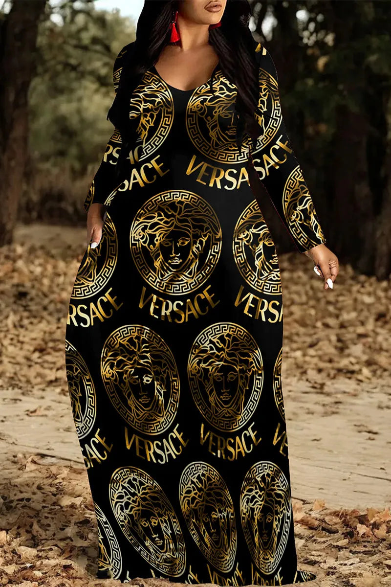 Black Gold Casual Figure Print Letters Pocket Contrast V Neck Printed Dresses