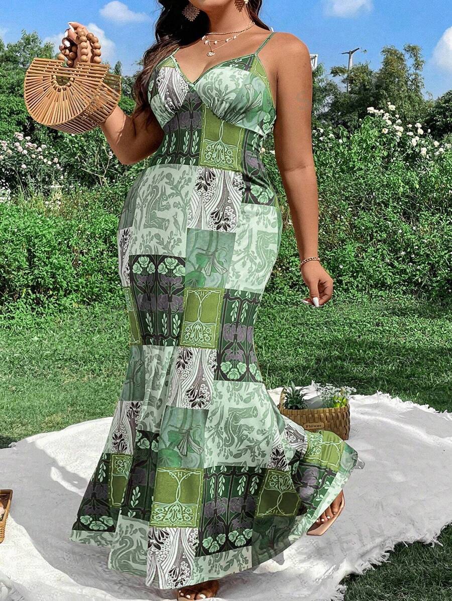 EZwear Plus Size Women's Vintage Elegant Printed Backless Cami Fish Tail Dress