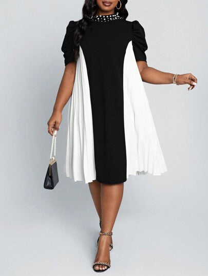 Black & Color Block Pleated Collar Beading Bubble Sleeves Work Dress
