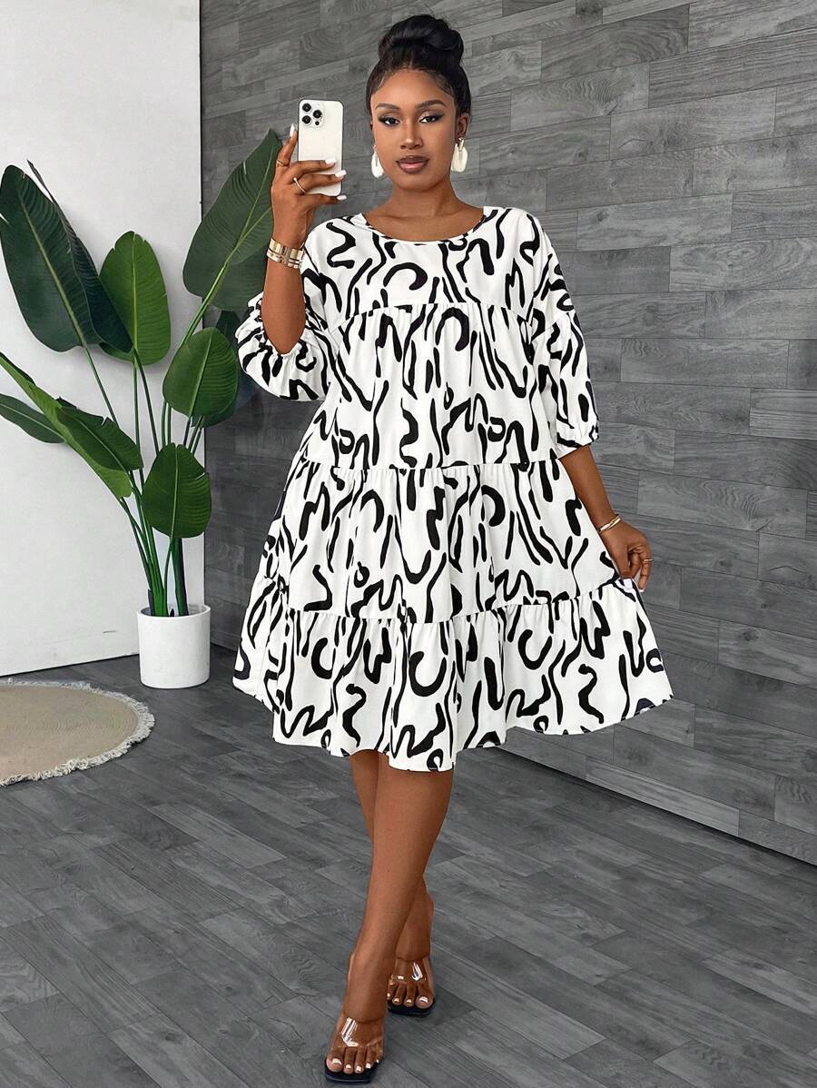Print Round Neck Ruffle Hem Casual Vacation Dress