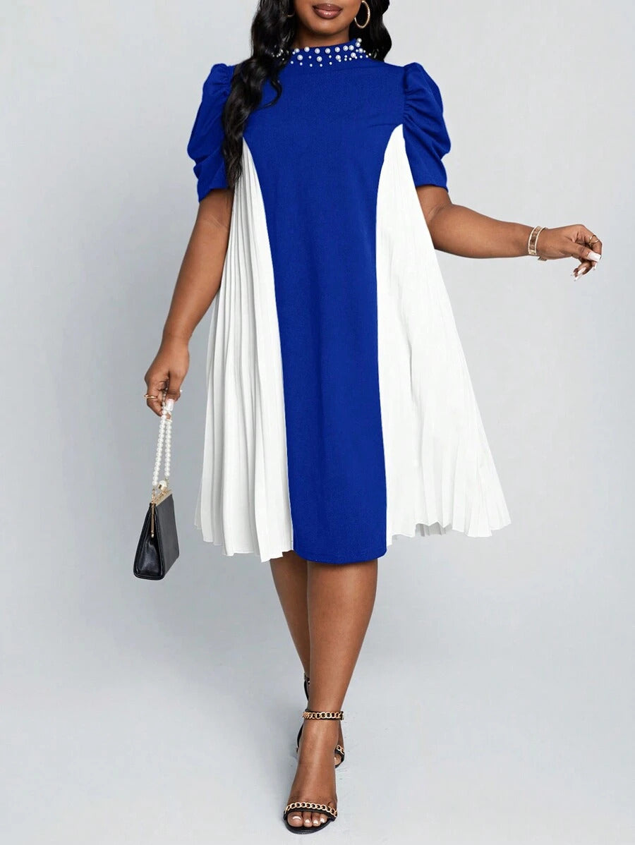Stitching Pleated Neckline Beaded Puff Sleeves Festive Dress