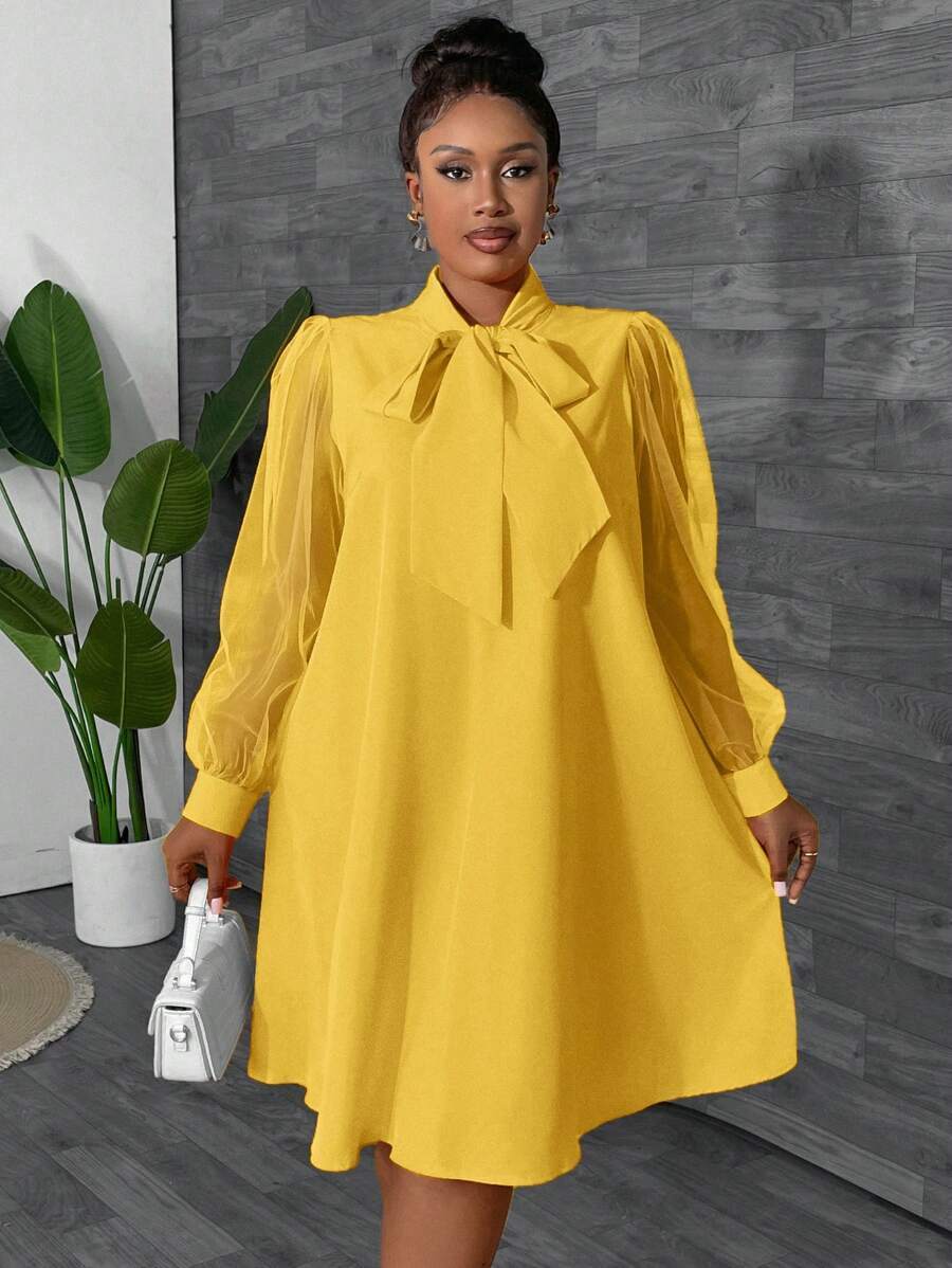 Solid Color V-Neck Mesh Long Sleeve Loose Dress