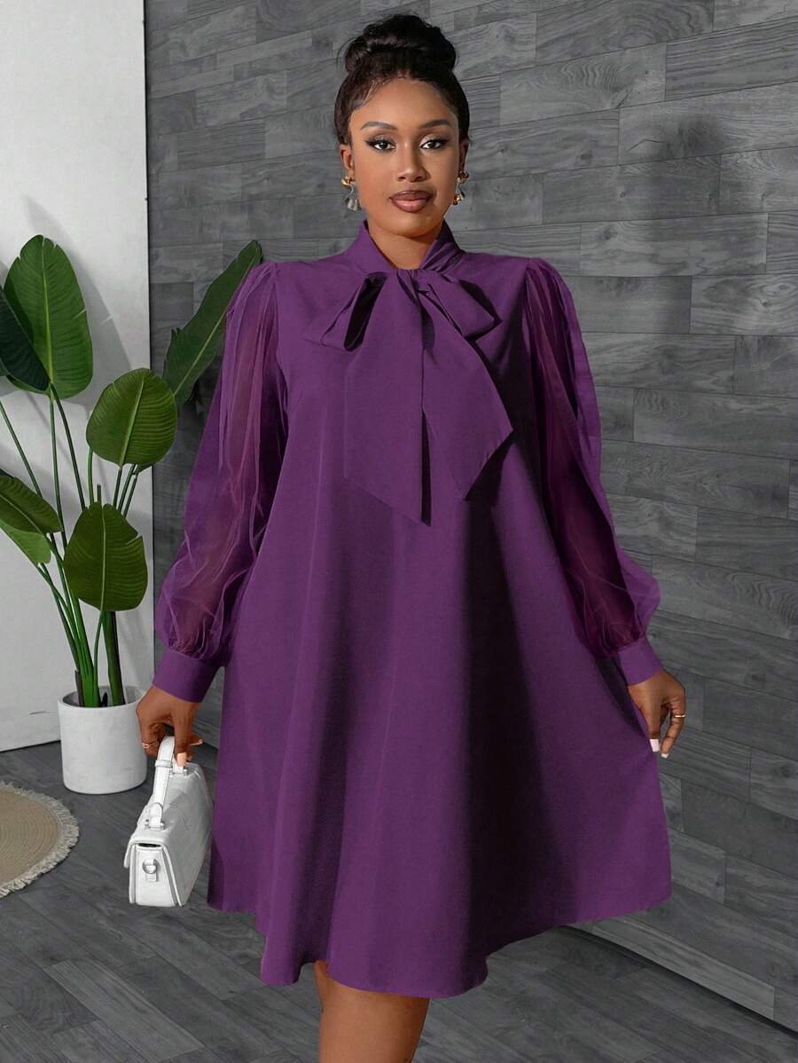 Solid Color V-Neck Mesh Long Sleeve Loose Dress