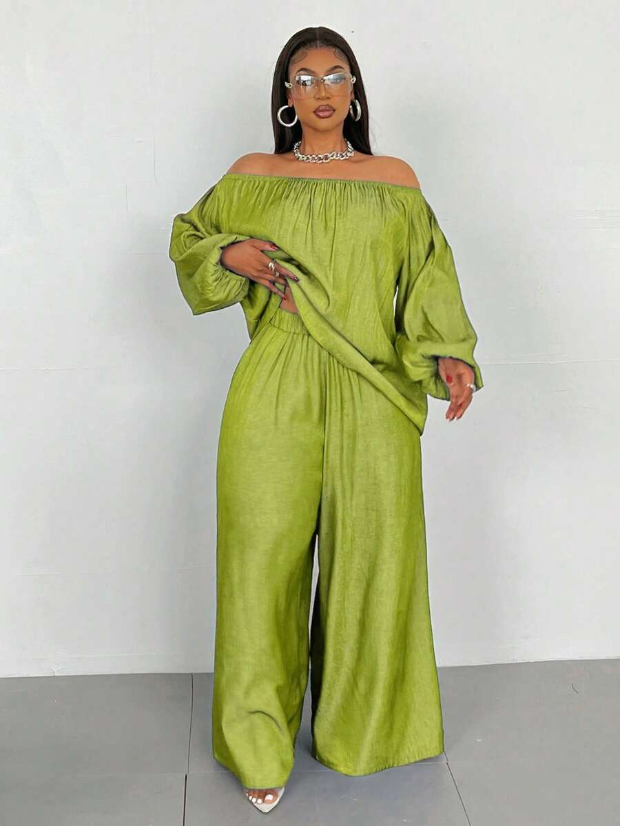 Solid Color Off Shoulder Lantern Sleeve Top and Pants 2 Pieces Set