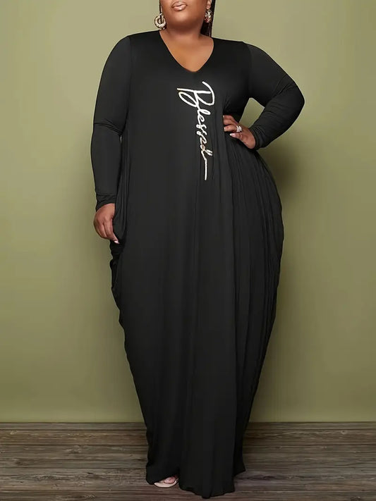 Casual Dress, Women's Plus Letter Print Long Sleeve Round Neck High Stretch Ruched Maxi Dress