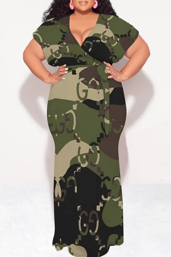 Camouflage Casual Camouflage Print Stripe Letters With Belt Contrast V Neck Printed Plus Size Dresses