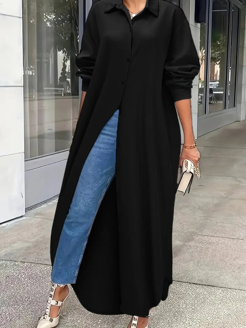Plus Size Elegant Dress, Women's Plus Solid Button Up Long Sleeve Lapel Collar Shirt Dress