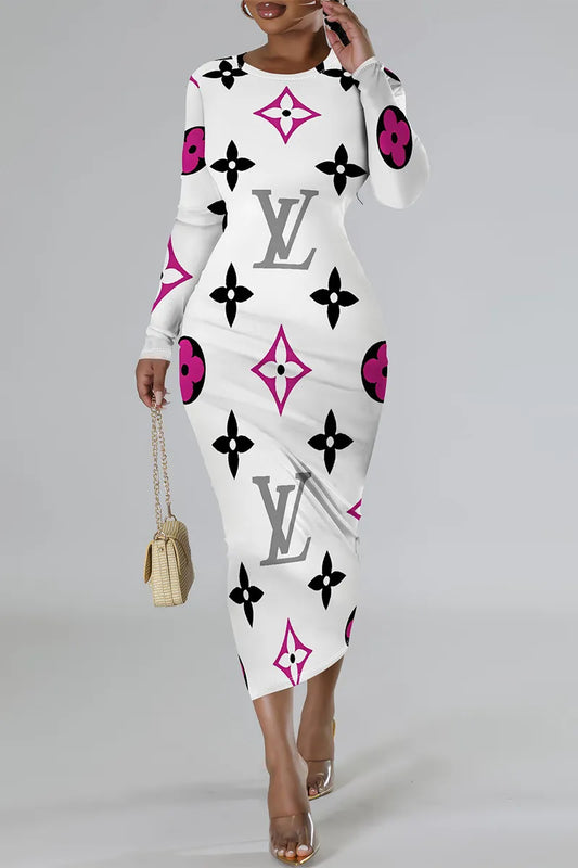 Letter Elegant Letter Print Gradient Contrast O Neck Printed Dresses