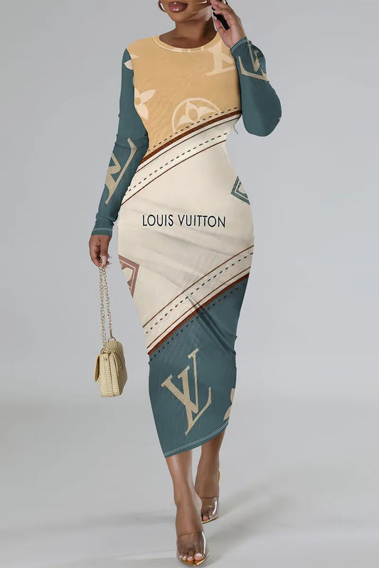 Green Casual Letter Print Stripe Contrast O Neck Printed Dresses