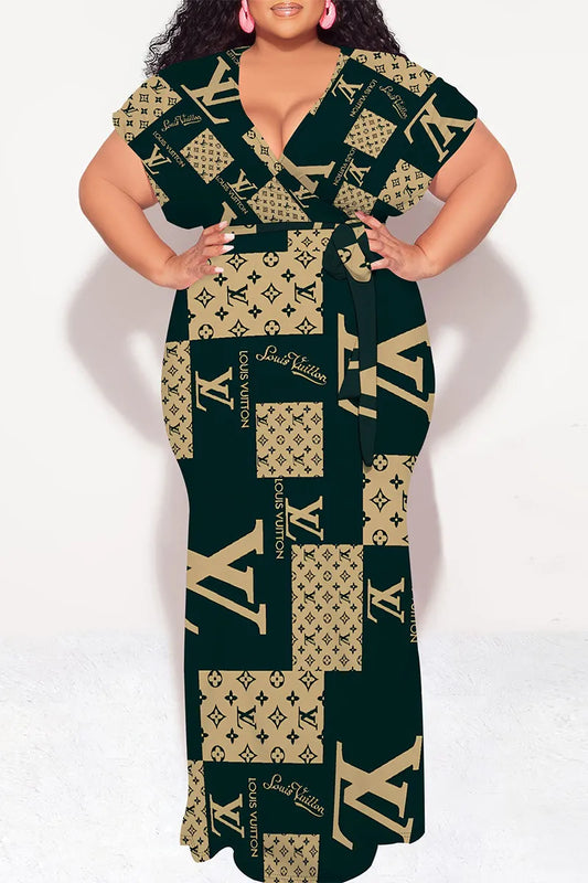 Ink Green Sexy Letter Print With Belt Contrast V Neck Printed Plus Size Dresses