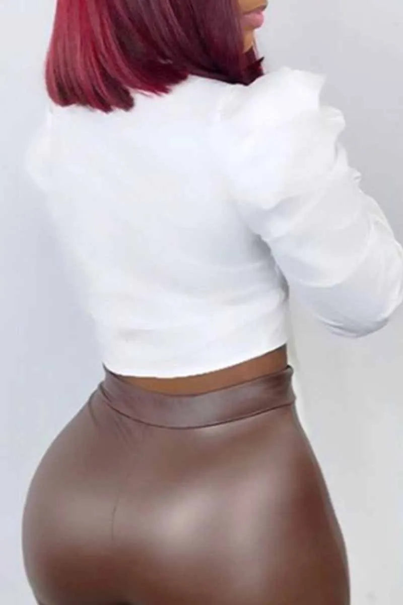 White Sexy Print Bandage Letter Mandarin Collar Tops