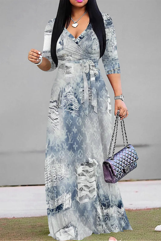 White Blue Elegant Letters Faux Denim Print Lace Up Contrast V Neck Printed Dresses