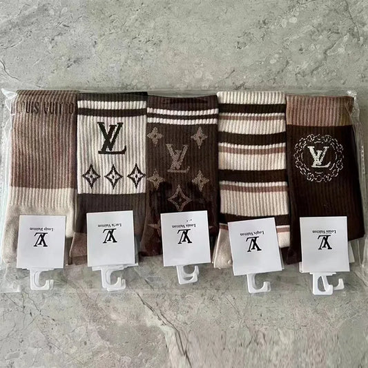 1 pair each Brown Daily Letters Patchwork Contrast Sock