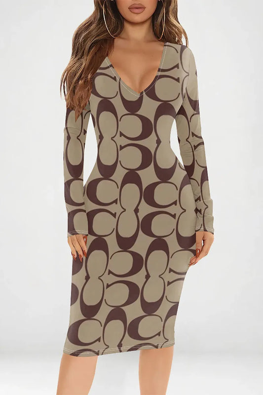 Khaki Casual Street Letter Print Gradient Contrast O Neck Printed Dresses