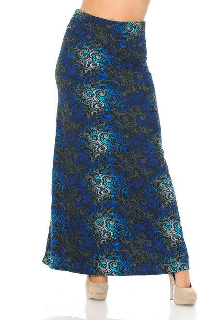 WHOLESALE BUTTERY SMOOTH BLUE TANGLED SWIRL PLUS SIZE MAXI SKIRT