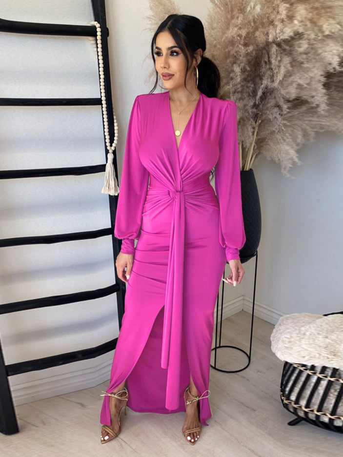 Street Solid White V Neck Long Sleeve Maxi Dress