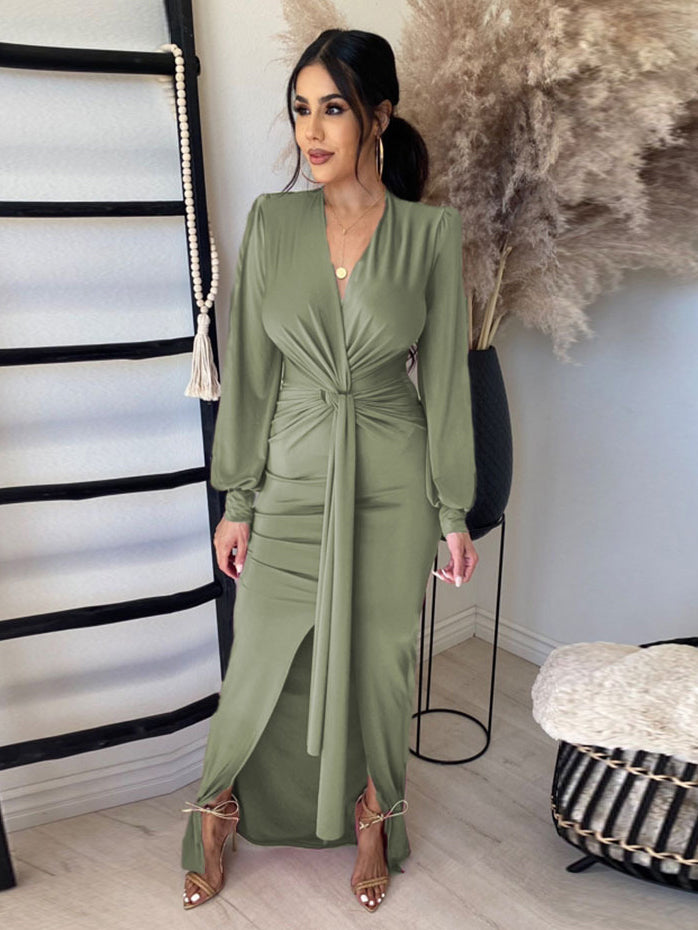 Street Solid White V Neck Long Sleeve Maxi Dress