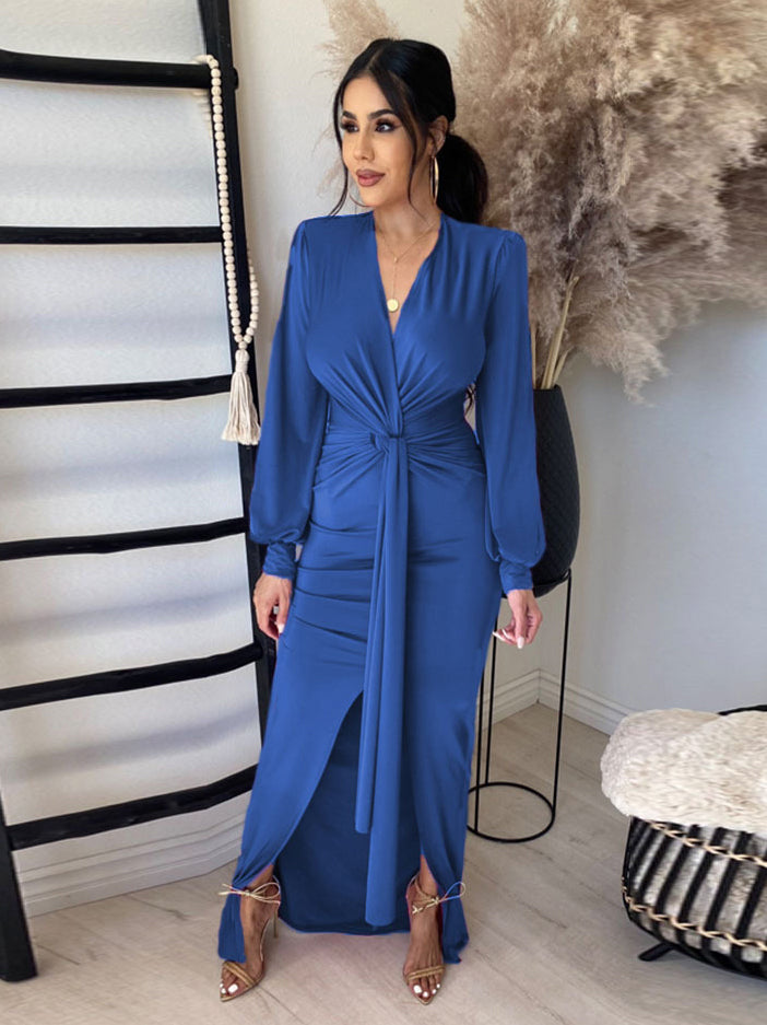 Street Solid White V Neck Long Sleeve Maxi Dress