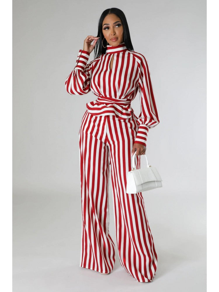 Fall Striped Long Sleeve Wide Leg Pants Sets
