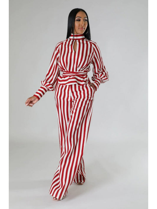 Fall Striped Long Sleeve Wide Leg Pants Sets
