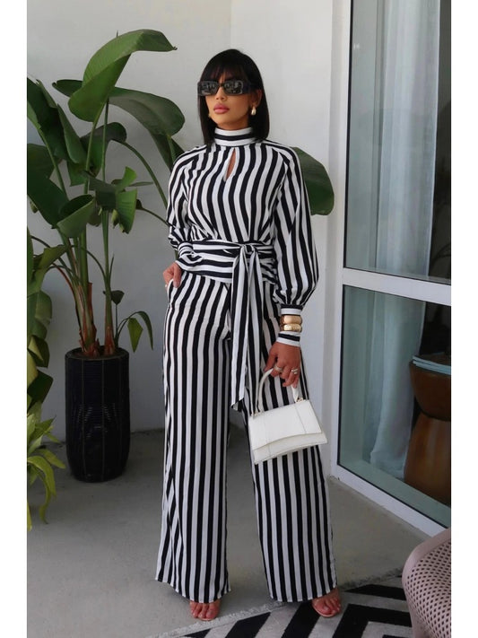 Fall Striped Long Sleeve Wide Leg Pants Sets