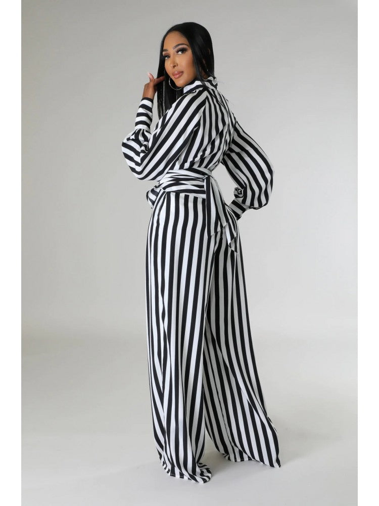 Fall Striped Long Sleeve Wide Leg Pants Sets