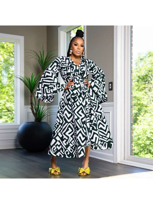 Chic Print Tie-wrap Irregular Swing Dress