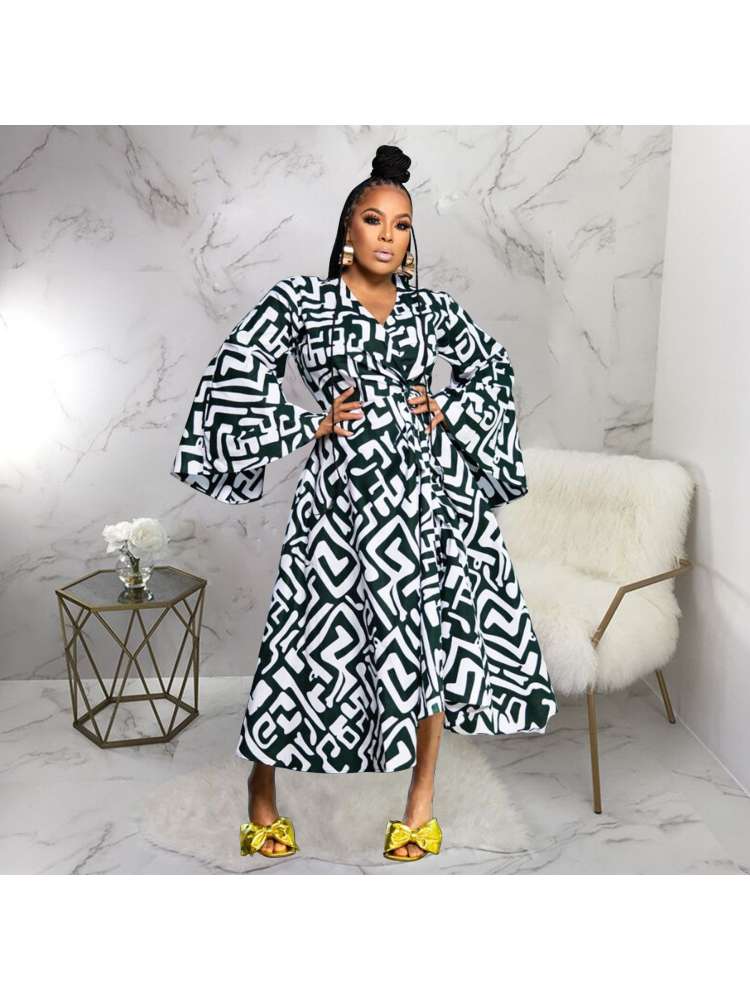 Chic Print Tie-wrap Irregular Swing Dress