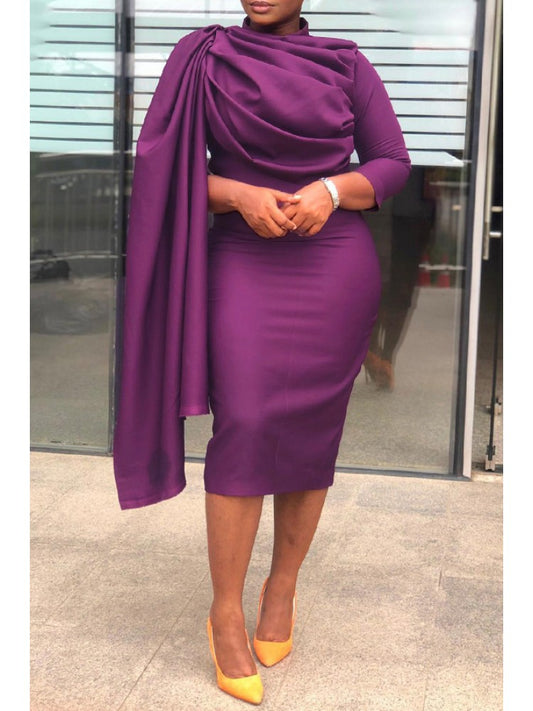 Ruched Mock Neck Long Sleeves Midi Dress