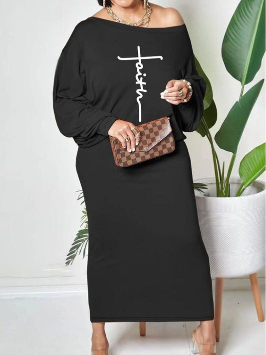 Inclined Shoulder Printed Loose Maxi Dress