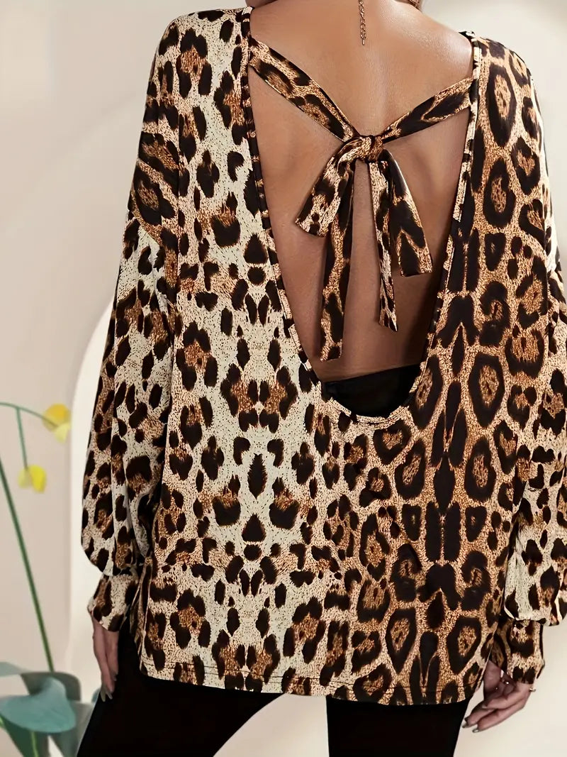 Sexy Leopard Print Lantern Sleeve Round Neck Knot Backless Slight Stretch Top