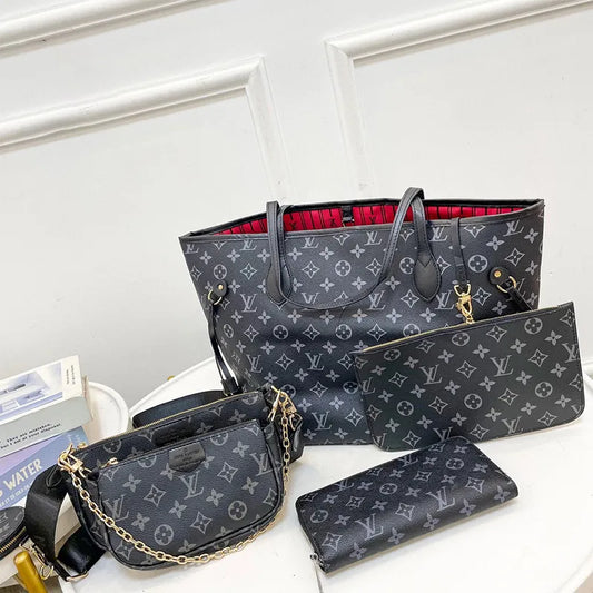 4 PCs Black Gray Casual Letters Patchwork Zipper Contrast Bags