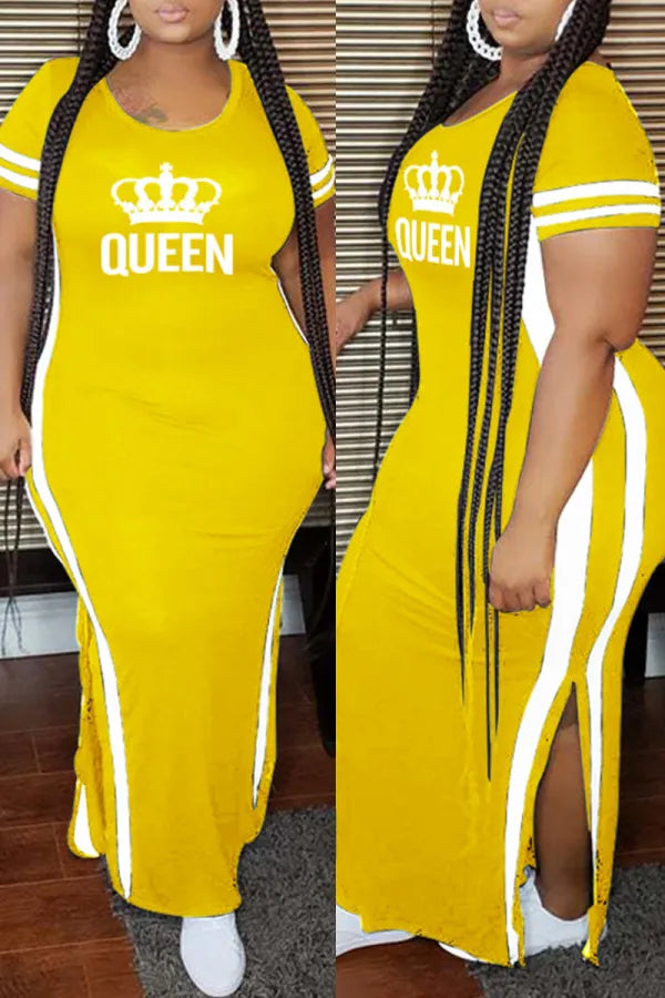 Fashion Casual Plus Size Print Patchwork Slit O Neck Short Sleeve Dress
