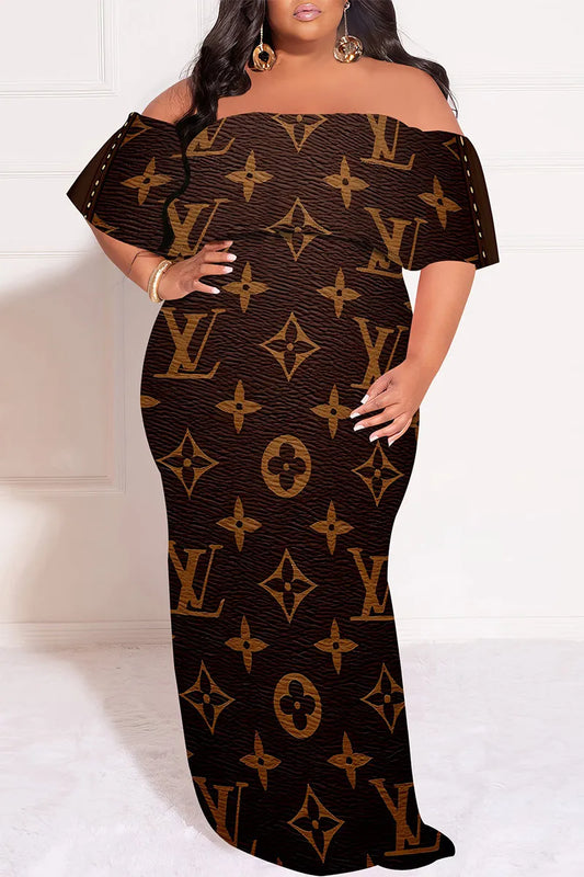 Brown Sexy Letter Print Stripe Flounce Contrast Off Shoulder Printed Dresses