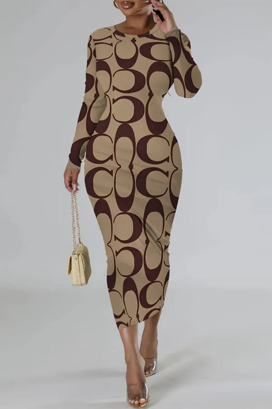 Khaki Casual Street Letter Print Gradient Contrast O Neck Printed Dresses