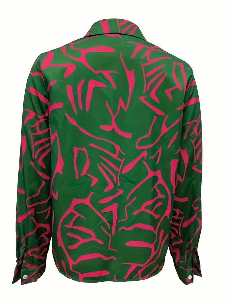 Plus Size Trendy Blouse, Women's Plus Graffiti Print Long Sleeve Button Up Lapel Collar Shirt