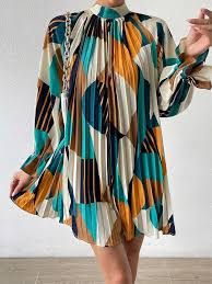 Geo Print Flare Sleeve Pleated Detail Mock Neck