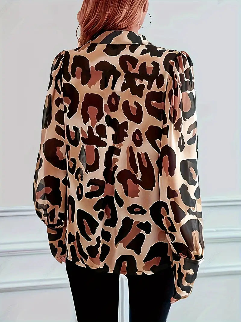 Leopard Print Button Up Long Sleeve Turn Down Collar Top