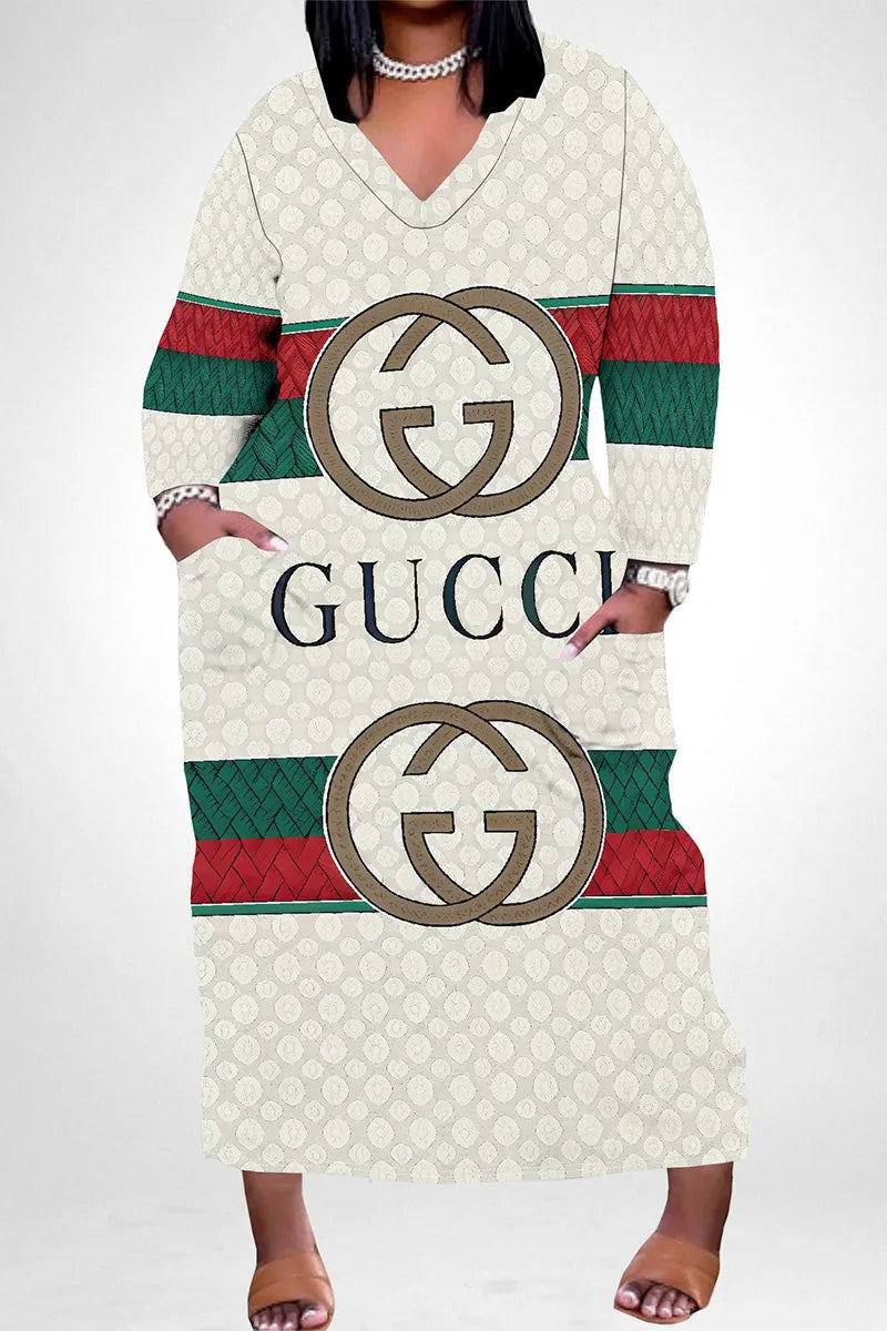 Red Green Casual Butterfly Letter Print Gradient Pocket Contrast V Neck Printed Plus Size Dresses