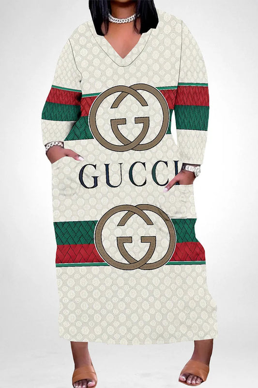 Red Green Casual Butterfly Letter Print Gradient Pocket Contrast V Neck Printed Plus Size Dresses