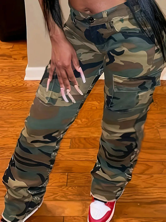 Women'S Camo Cargo Pants, Sexy Slim Fit, Casual Zippered Pockets