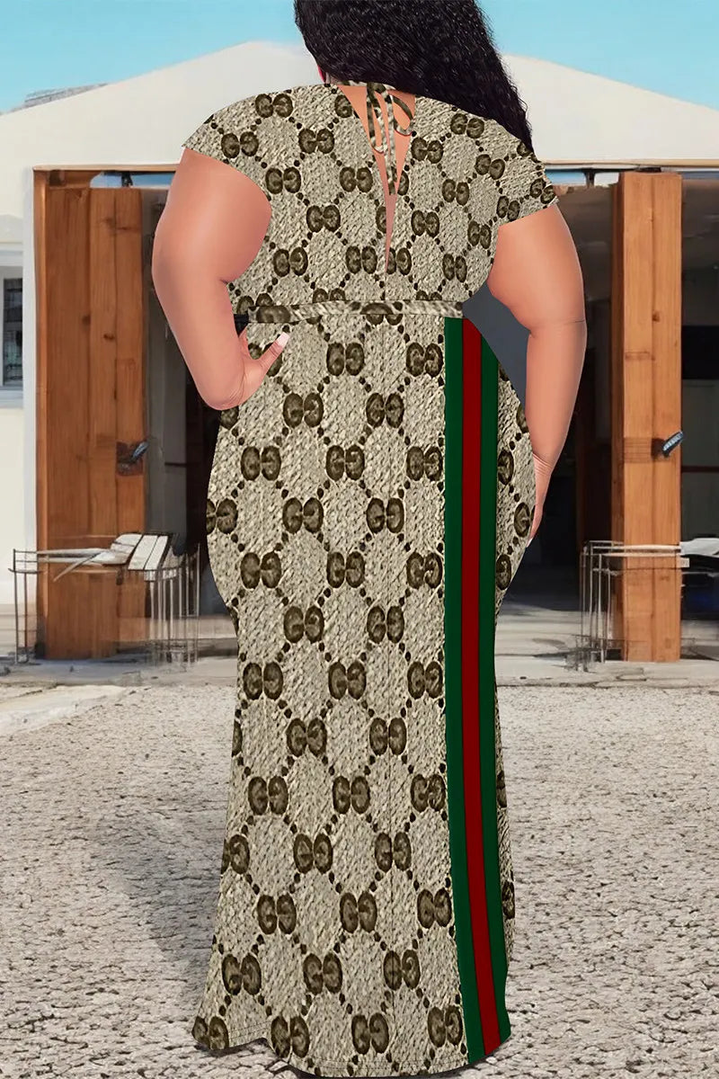 Dark Khaki Sexy Letter Print snake With Belt Contrast V Neck Printed Plus Size Dresses