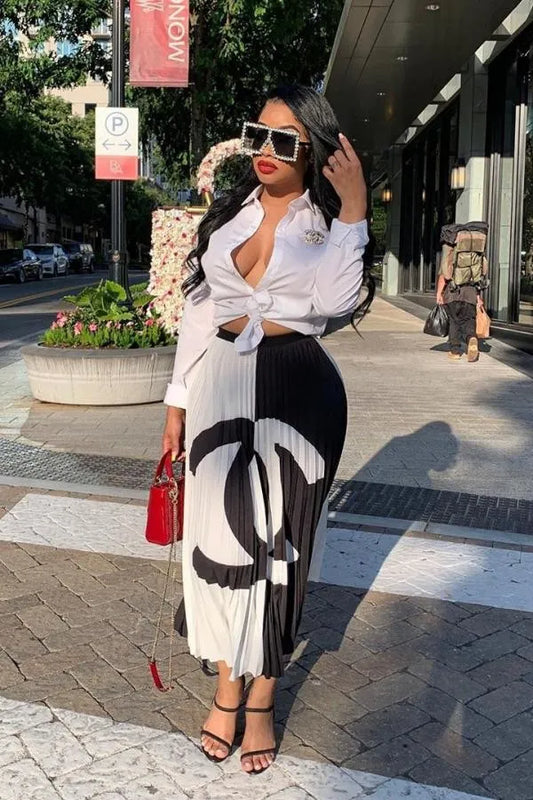 Black Elastic Fly High Draped Patchwork Letter Pleated skirt Capris Skirts