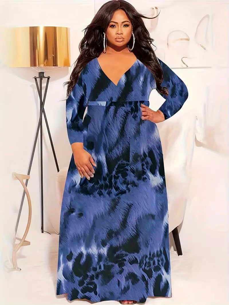 Plus Size Casual Dress, Women's Plus Leopard Print Long Sleeve Surplice Neck High Stretch Maxi Dress With Belt